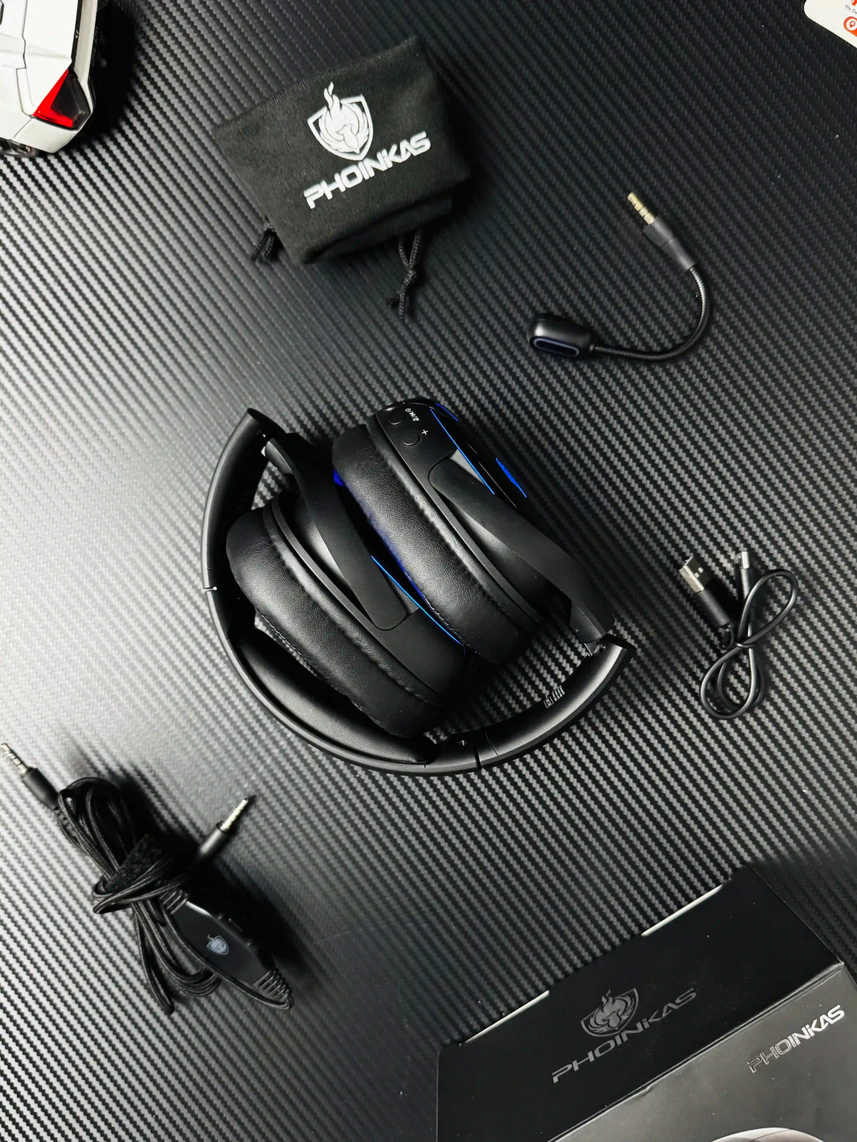 showing All things of black Phoinikas Q6S Wireless Gaming Headset — Bluetooth 5.3, Detachable Mic, 30Hrs Battery | Best PUBG Headset Pakistan.picture by TechBabaStore.pk