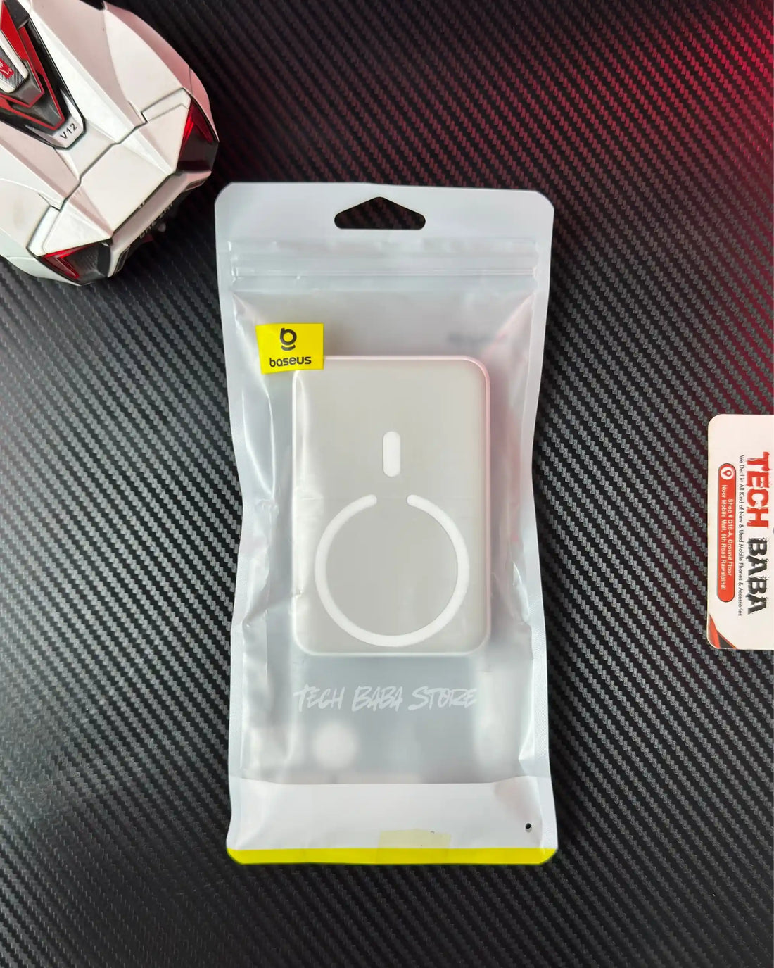 showing front view of Baseus PPCXM10 Wireless PowerBank which has magnetic wireless charging coil, picture by TechBabaStore.pk