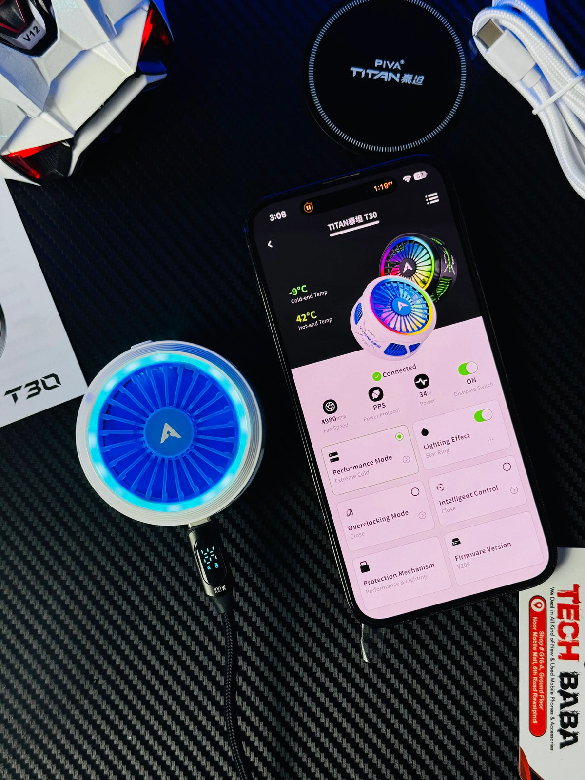 Piva Titan T30 Mobile Cooling Fan — 40W+ Power, Smart Temp Control, App Support, RGB | Best Piva Cooling Fan