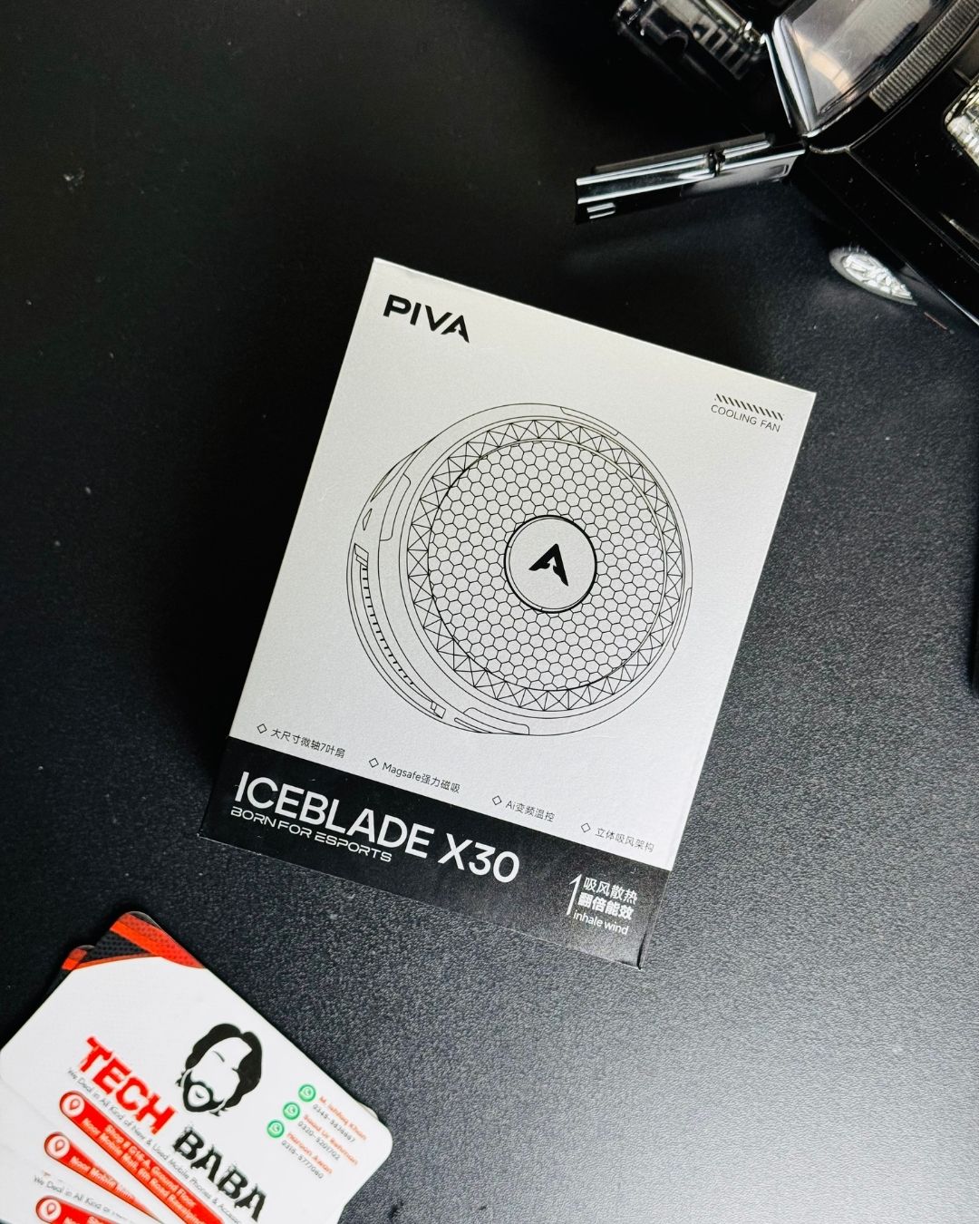 showing  closeup  view of Piva X30 Mobile Cooling Fan packaging box. picture by techbabastore.pk