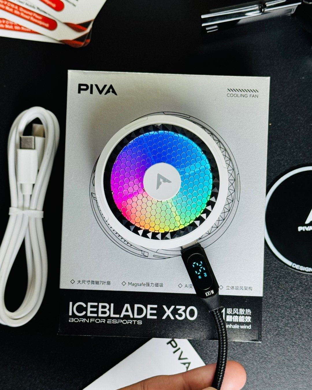showing a Piva_X30_Mobile_Cooling_Fan, charging cable, colling plate, lighting mode and colling percentage. picture by techbabastore.pk