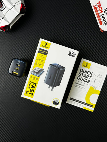 showing all things of Baseus PicoGo AE11 67W GaN Fast Charger 2C+U — Dual USB-C + USB-A, PD3.0/QC4.0/PPS .picture by Techbabastore.pk