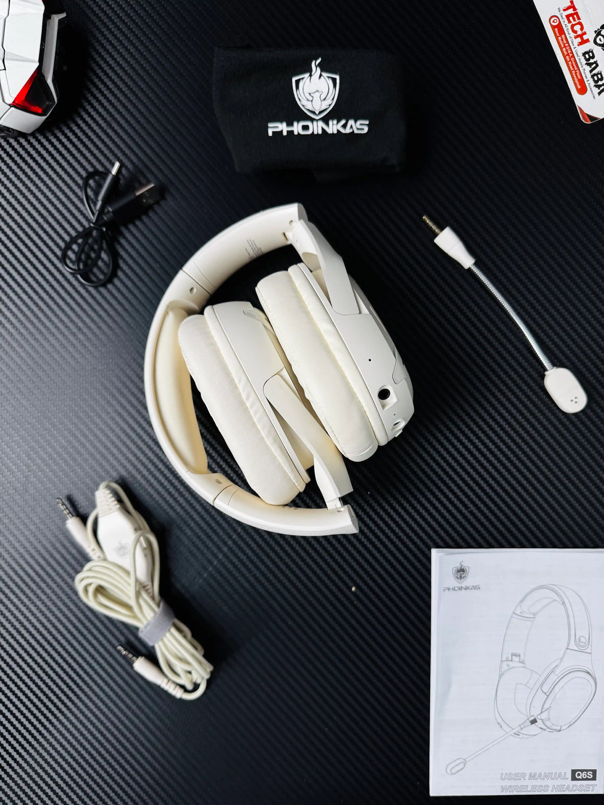 showing All things of white Phoinikas Q6S Wireless Gaming Headset — Bluetooth 5.3, Detachable Mic, 30Hrs Battery | Best PUBG Headset Pakistan. picture By TechBabaStore.pk