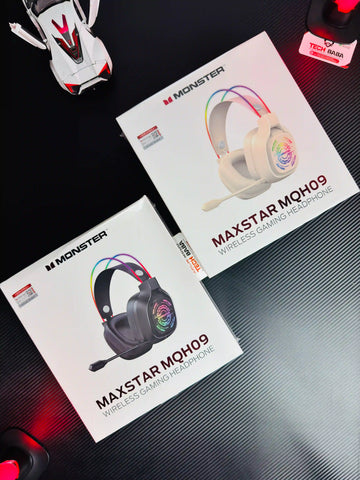 showing black and white Monster Maxstar MQH09 Wireless Gaming Headphone — 50mm Driver, Bluetooth 5.4, IPX5 | Best PUBG Headset Pakistan. picture by TechBabaStore.pk