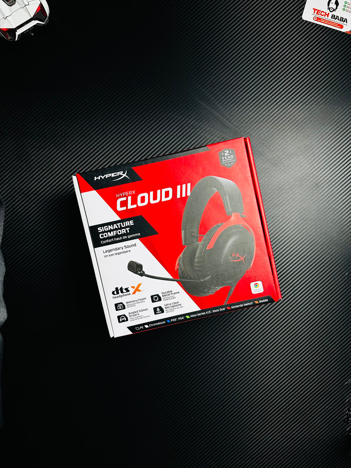 Showing box of HyperX Cloud III Gaming Headset for PUBG Mobile.picture by TechBabaStore.pk