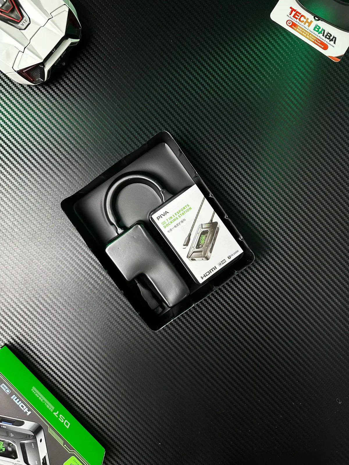 showing open back box image of Piva DS7 7-in-1 Gaming Splitter — Ethernet, 100W PD, 4K HDMI for PUBG Mobile.picture by TechBabaStore.pk