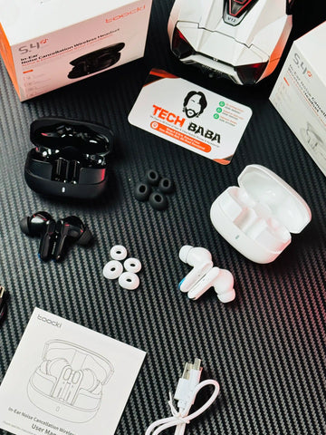 showing all things of Black and White Tocki Zero Delay Gaming Earbuds_picture by TechBabaStore.pk