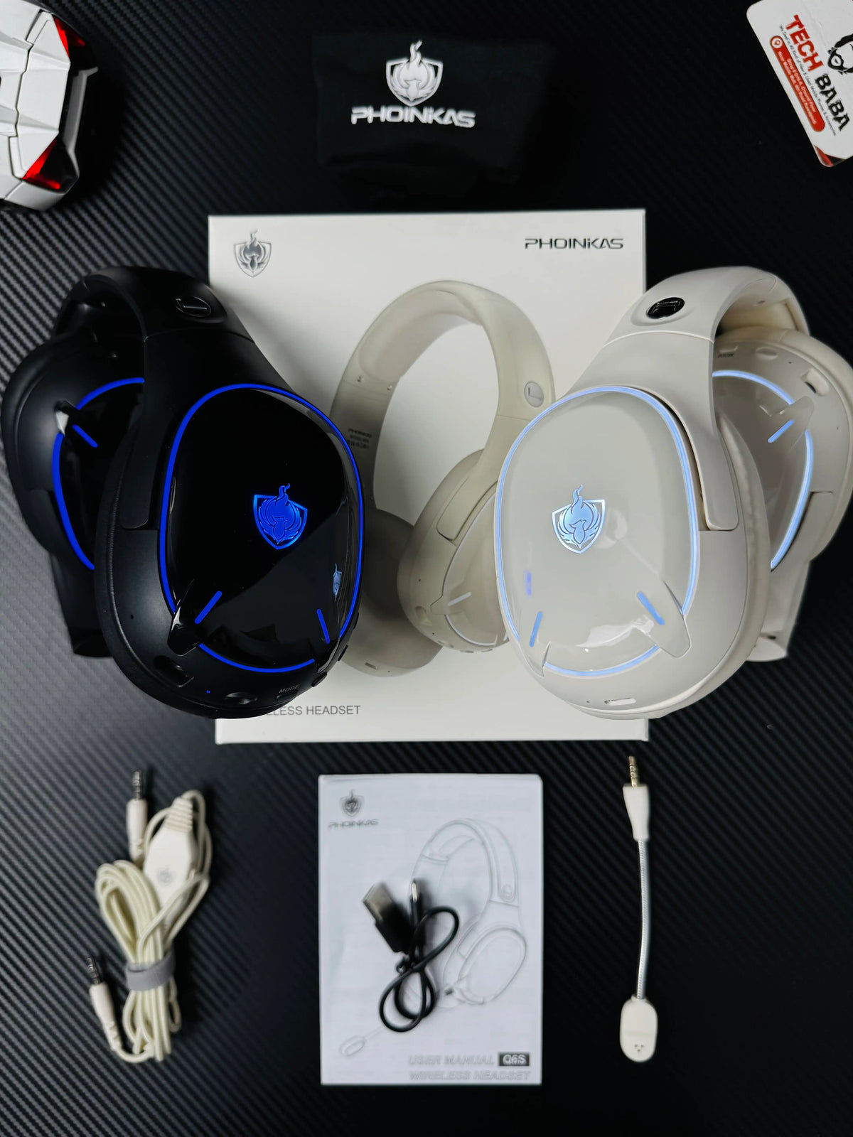 showing all things of balck and white Phoinikas Q6S Wireless Gaming Headset — Bluetooth 5.3, Detachable Mic, 30Hrs Battery | Best PUBG Headset Pakistan TechBabaStore.pk